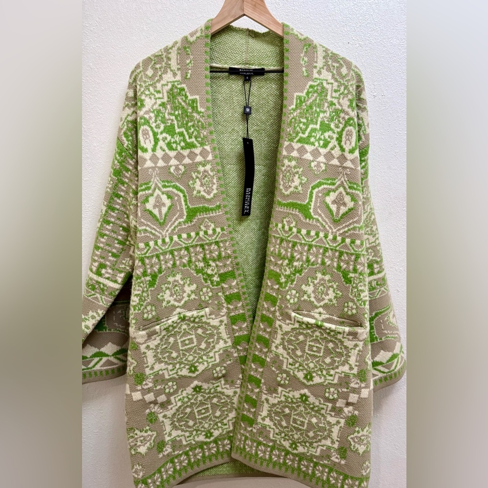 NWT Badgley Mischka Green Tapestry Double Knit Jacquard Cardi Size Small